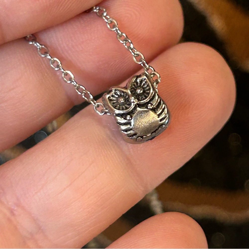 Handcrafted dual sided owl charm slider pendant on chain necklace